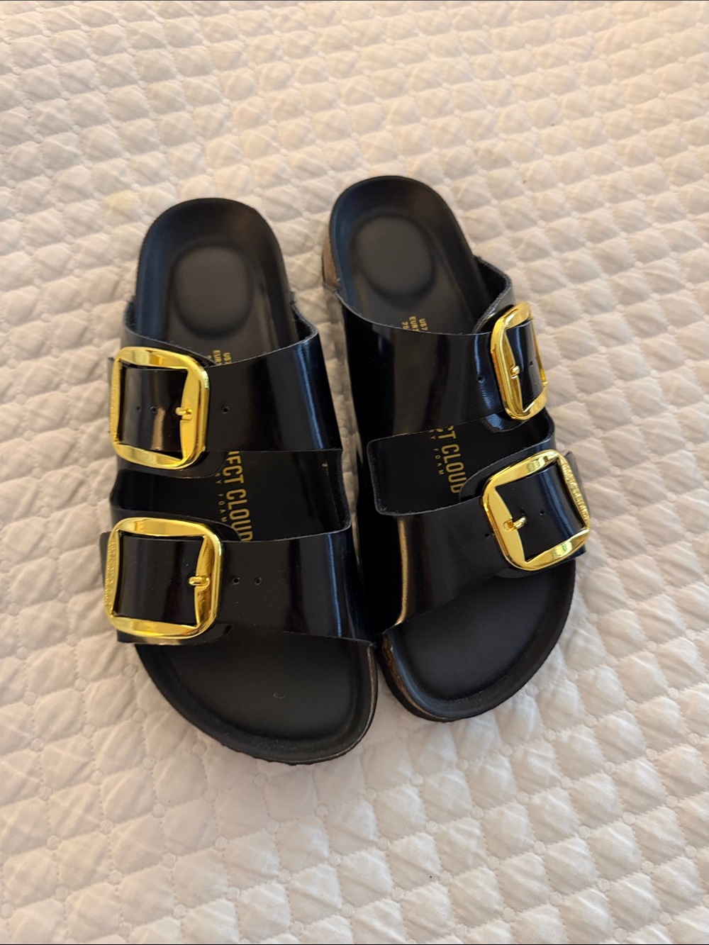 Black Patent Slide Sandals with Gold Buckles - Women